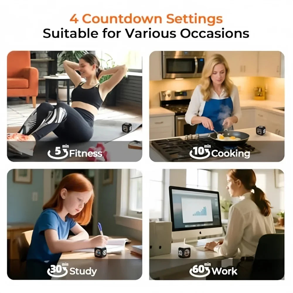 Four countdown settings for a digital kitchen and study timer used in various contexts like cooking, fitness, work, and study