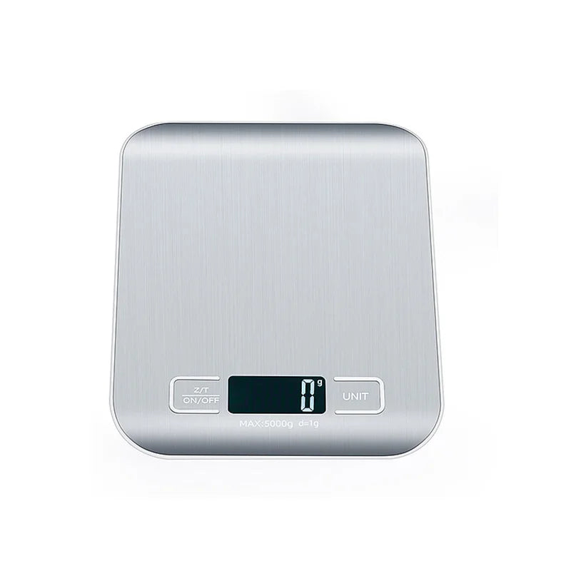 A silver portable digital kitchen scale with a display showing 0 and buttons for unit and on/off.