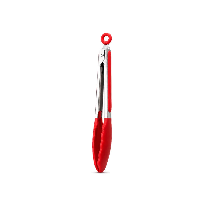 A set of three food-grade silicone kitchen tongs with stainless steel tips and red handles.