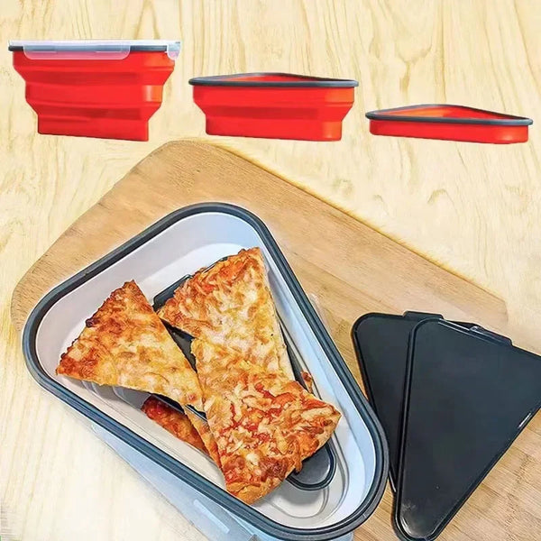 A reusable silicone foldable pizza storage box with three red lids and a food-grade pizza inside on a wooden cutting board.