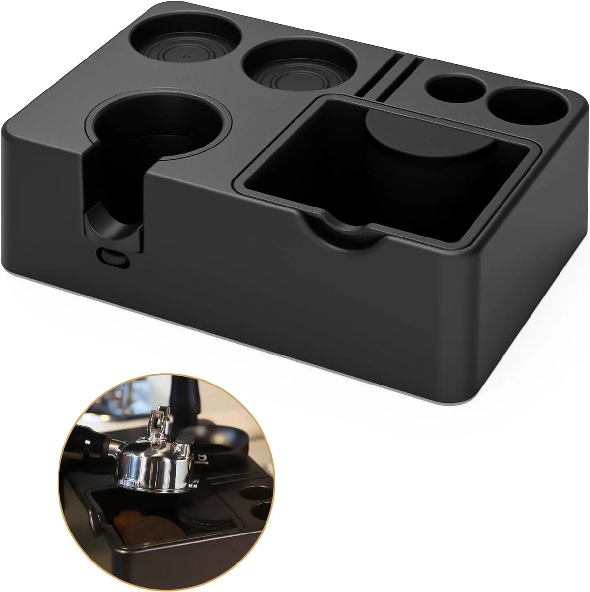 A black 10-in-1 espresso tamping station organizer with multiple compartments and a separate tamper is shown.