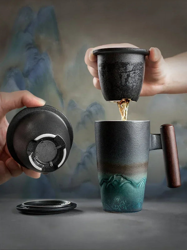 A hand pours tea from a ceramic mug into a matching ceramic cup, demonstrating the traditional Chinese tea mug set.