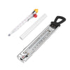 A dual stainless steel candy thermometer set with a long glass tube and a separate digital probe.