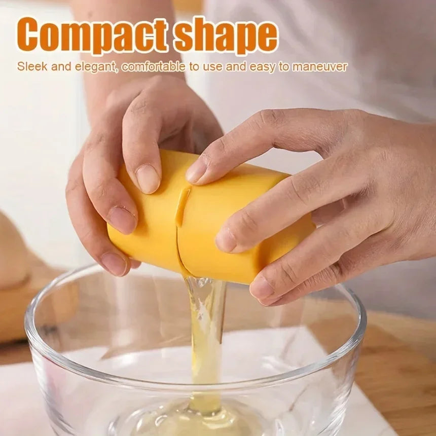 Hands are using a yellow compact shape tool to open an egg shell in a glass bowl.