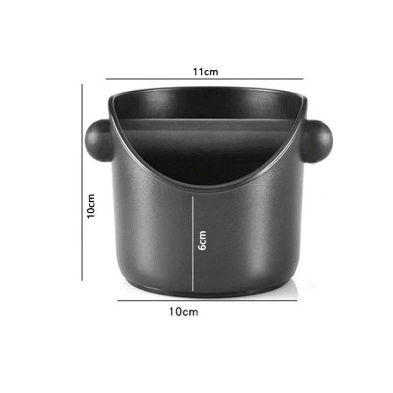A black espresso knock box with a capacity of 6cm and a total height of 10cm.