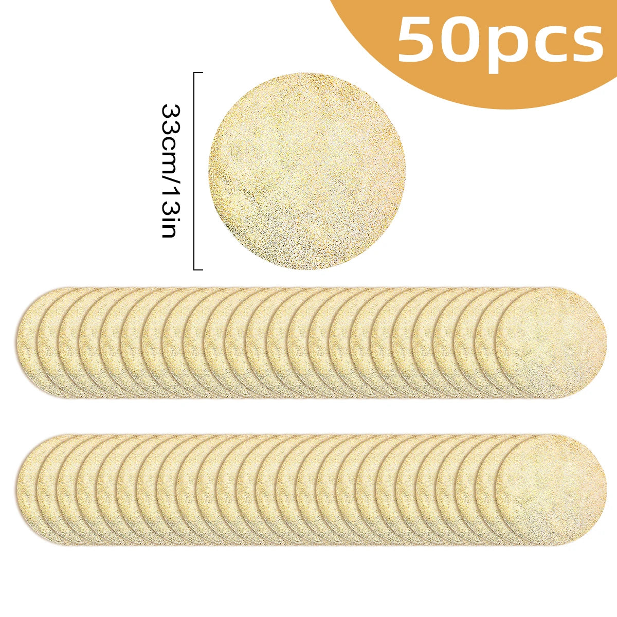 A set of six round, gold foil disposable placemats for holiday tables.
