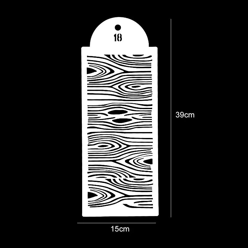 A white plastic cake stencil set with a decorative wood grain pattern.