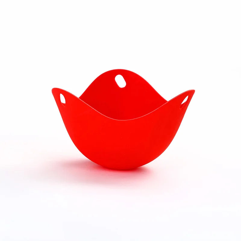 A bright red silicone egg poacher set for microwave and air fryer.