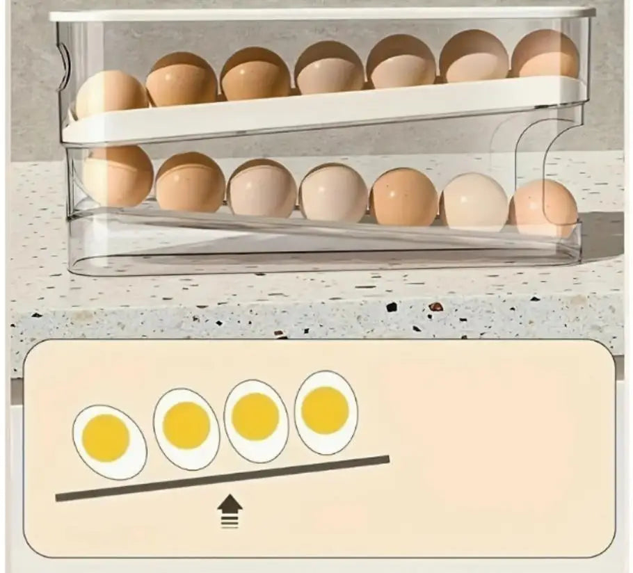 A clear plastic storage rack holds several brown eggs, demonstrating an automatic rolling egg storage system.