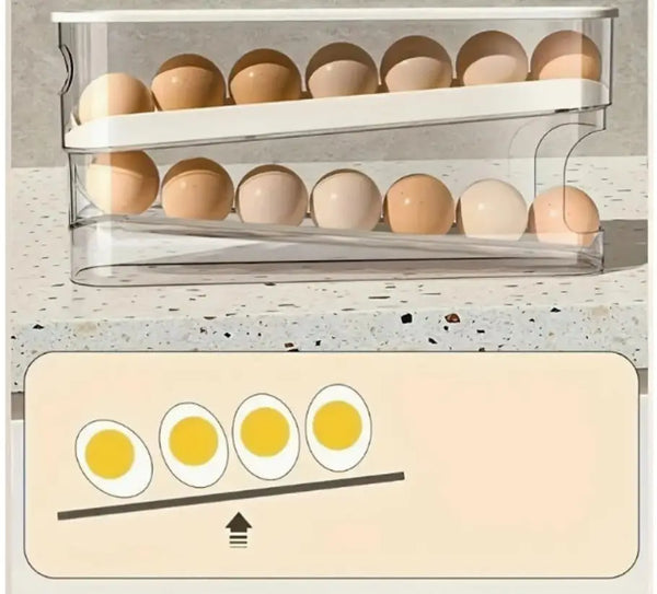 A clear plastic storage rack holds several brown eggs, demonstrating an automatic rolling egg storage system.