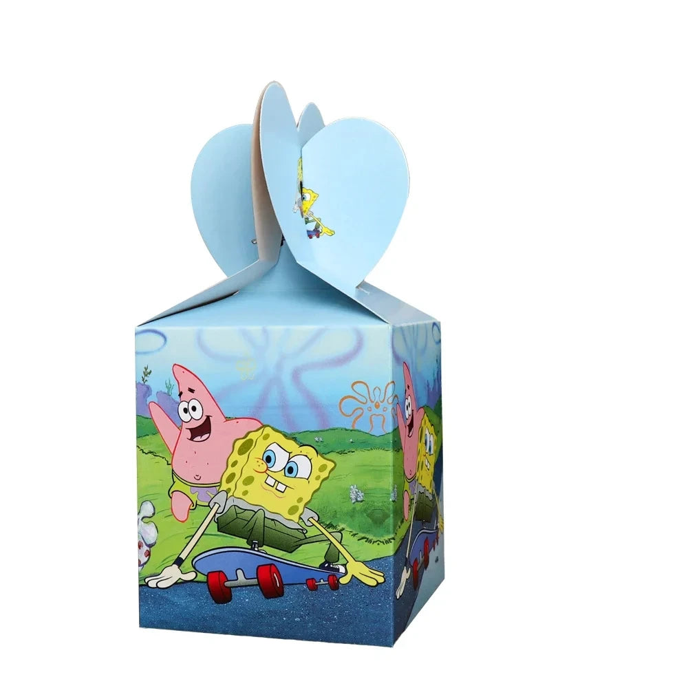 A cardboard box containing a disposable party set featuring SpongeBob characters and heart-shaped decorations.