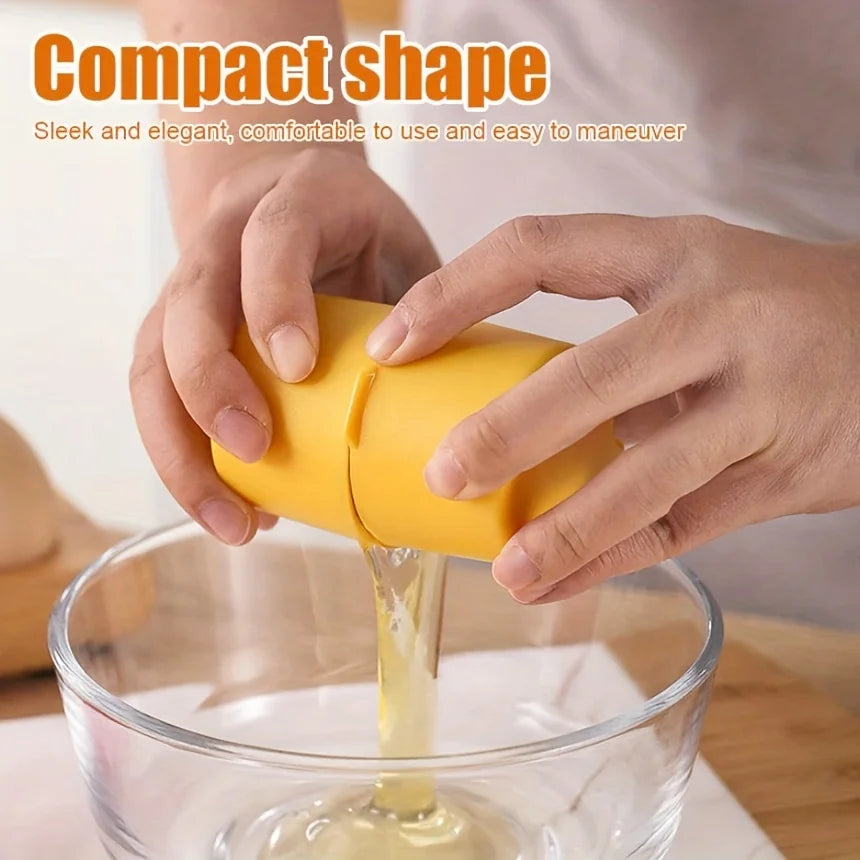 Hands are using a yellow portable egg cracker and separator to crack an egg into a glass bowl.