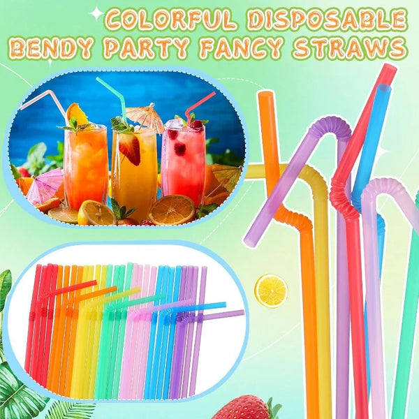 Colorful disposable bendy party fancy straws in various bright colors and shapes