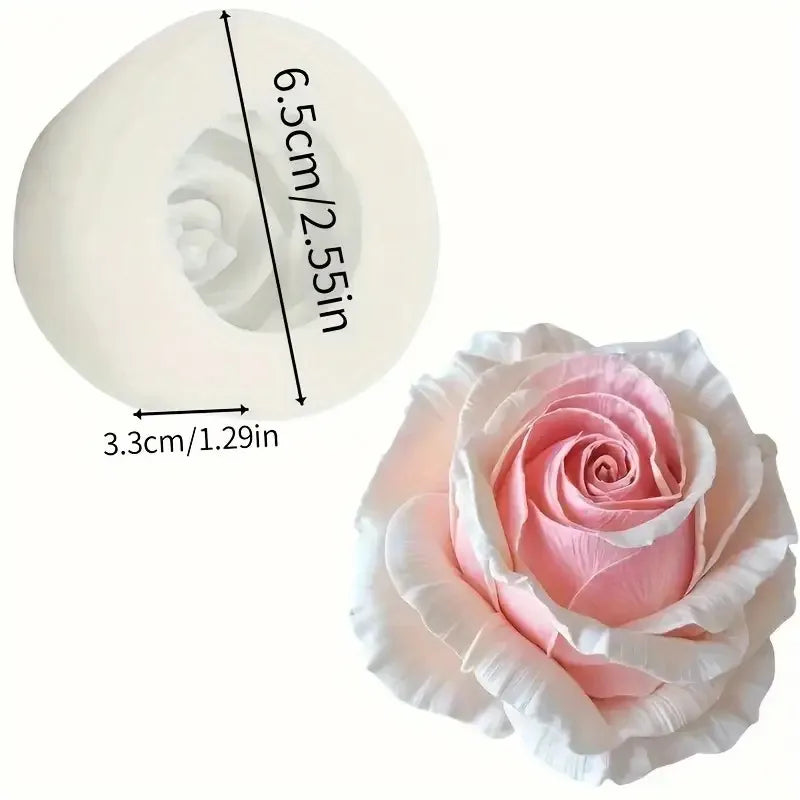 A silicone flower mold shaped like a rose, pink and white, with dimensions 6.5cm/2.55in high and 3.3cm/1.29in wide.