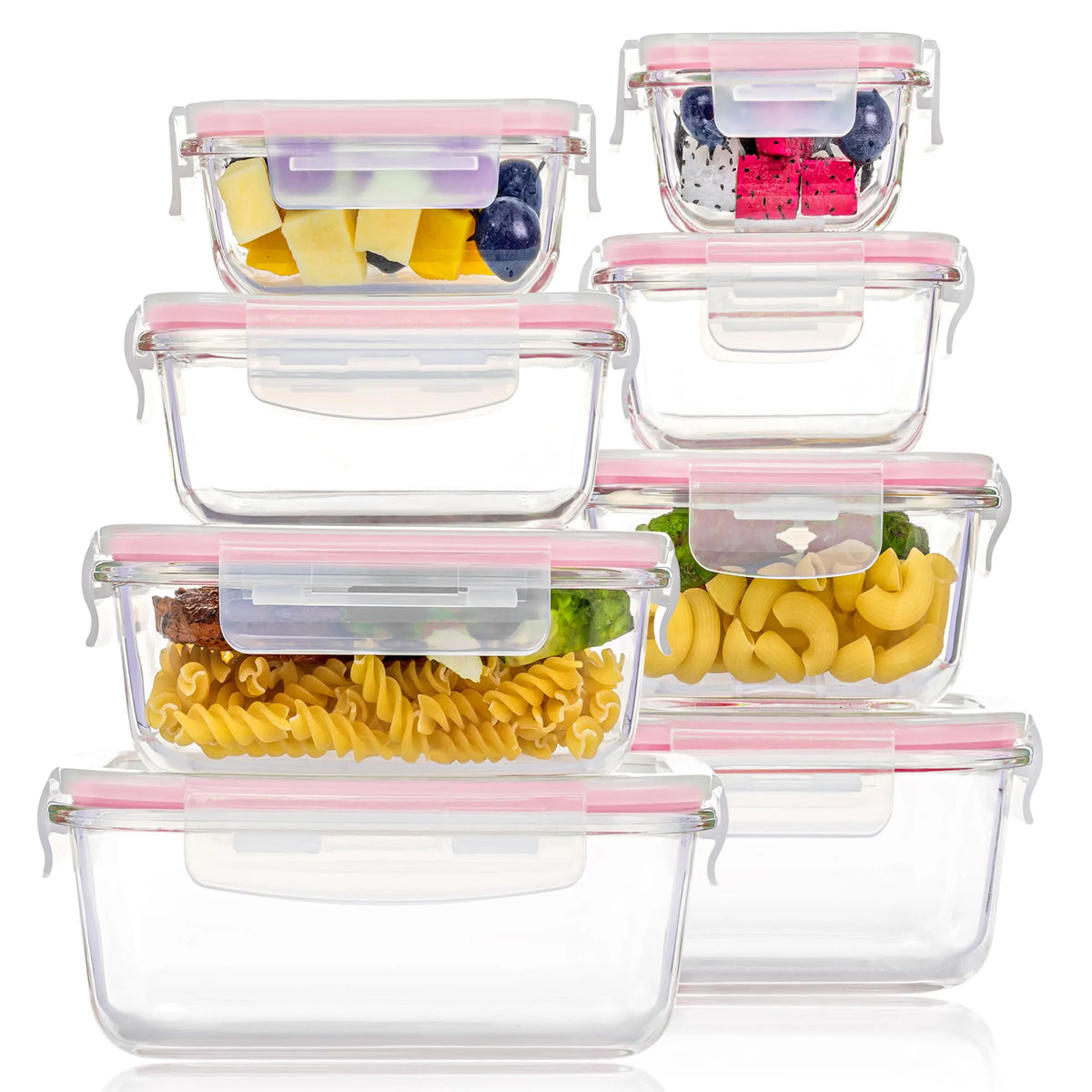 Eight clear glass airtight meal prep containers with pink lids filled with various foods