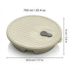 A round, light beige stackable stainless steel dinner plate with a lid is shown.