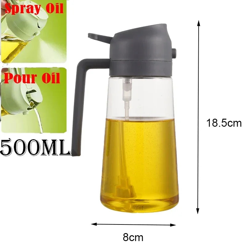 A clear glass oil spray bottle with a black pump and a long spout, filled with yellow cooking oil.