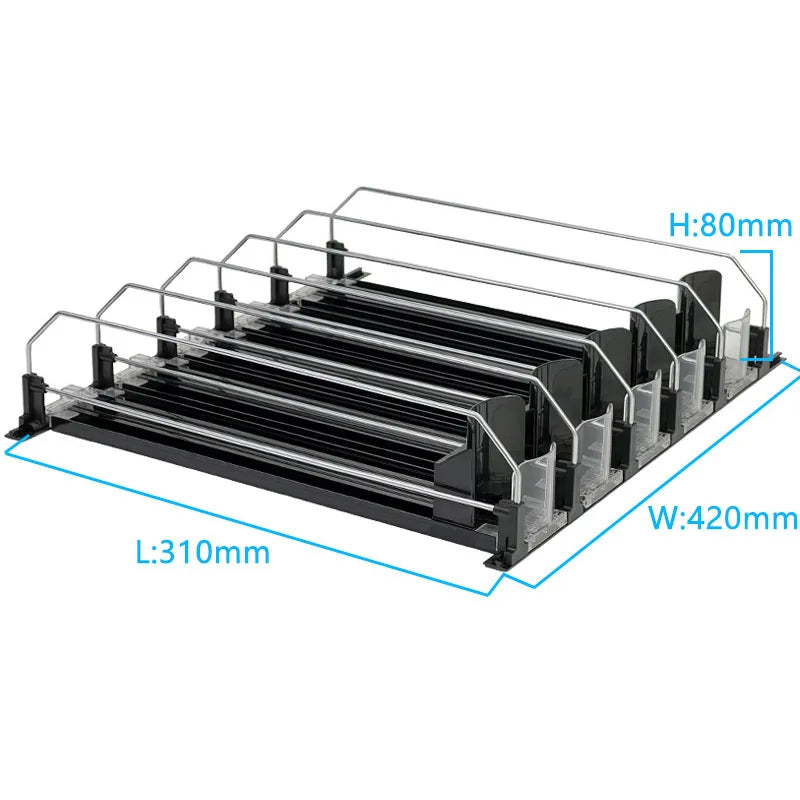 Black spring-loaded organizer rack with multiple tiers for storing cans and bottles