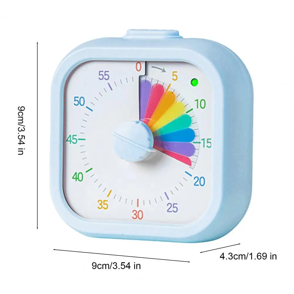 A light blue visual timer for kids with a rainbow colored dial showing time countdown.