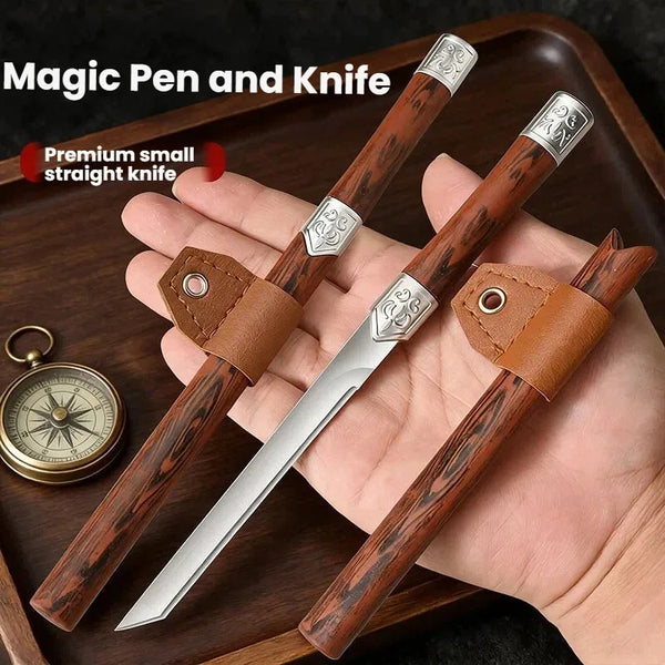 Ein Paar Zauberstift und Messer mit Holzgriffen liegt auf einem braunen Tablett neben einem Messingkompass.