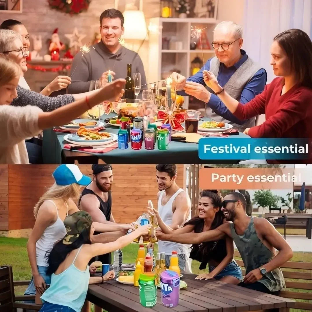 A group of people enjoying a party outdoors with reusable silicone can lids and straws on a wooden table.