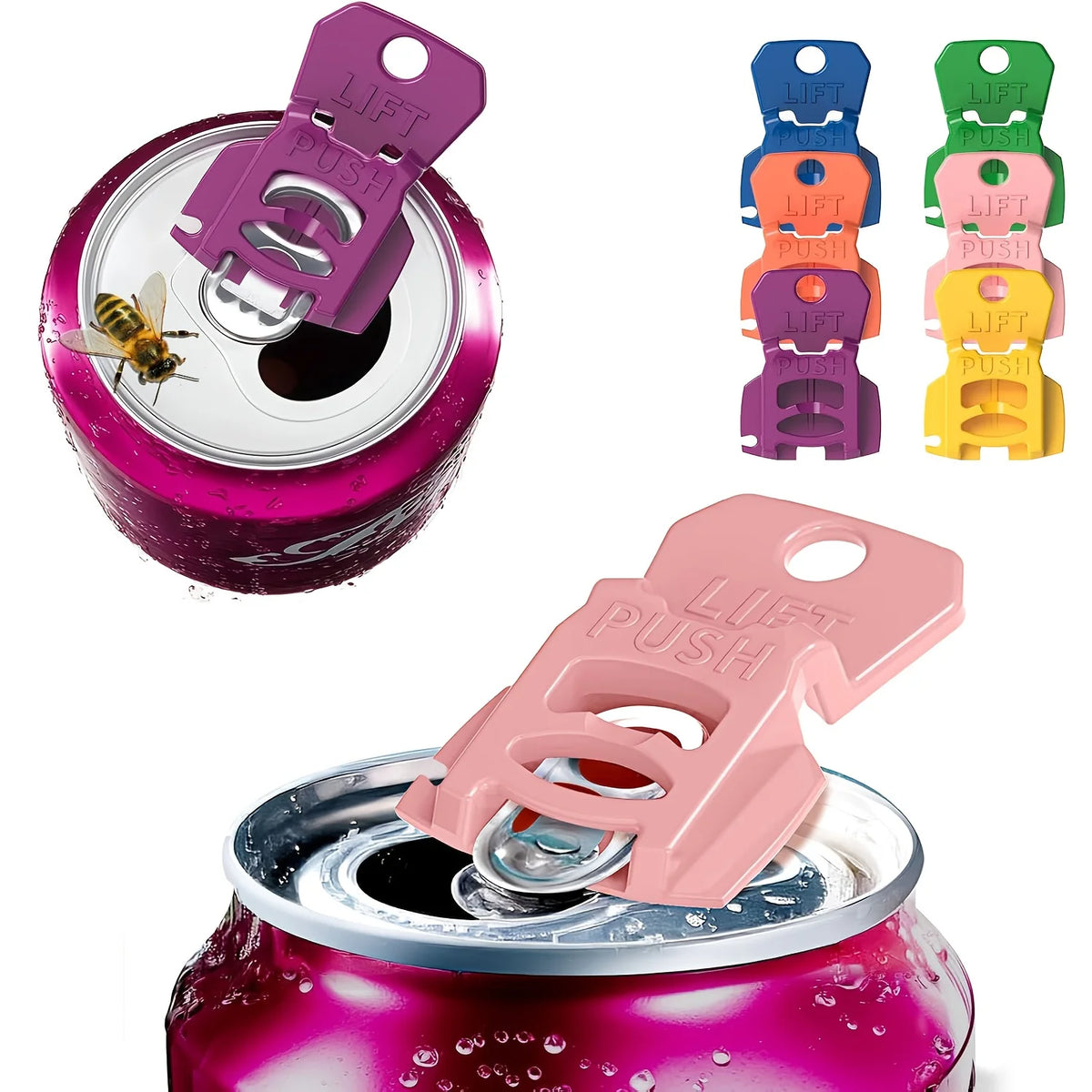 Abridores de latas reutilizables con protectores, en varios colores y una versión rosa en una lata.