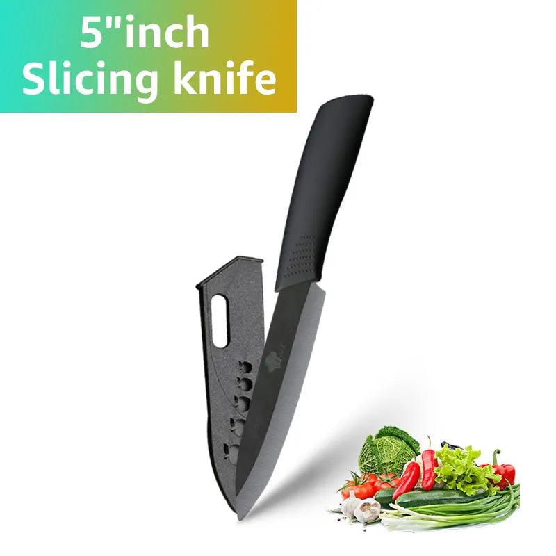A black 5-inch slicing knife is shown next to fresh vegetables like tomatoes, lettuce, and cucumbers.