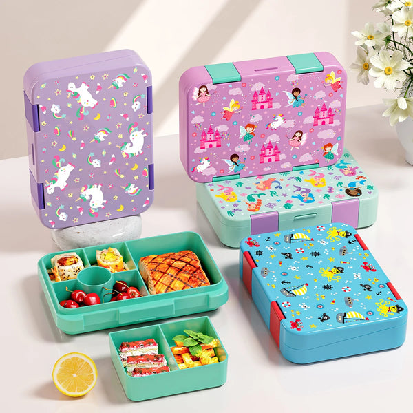 Set bunter Kinder-Reiseboxen in Lila, Pink und Blau mit verschiedenen Lebensmittelmotiven