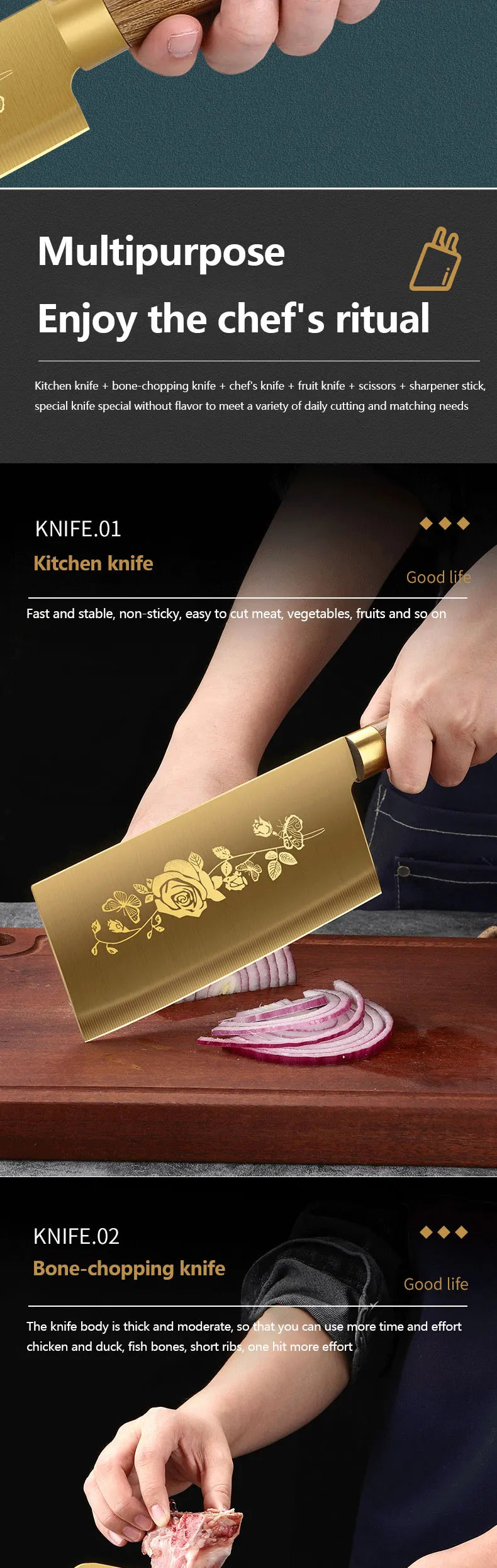 A close-up of a golden rose stainless steel chef knife set being used to cut red onion.