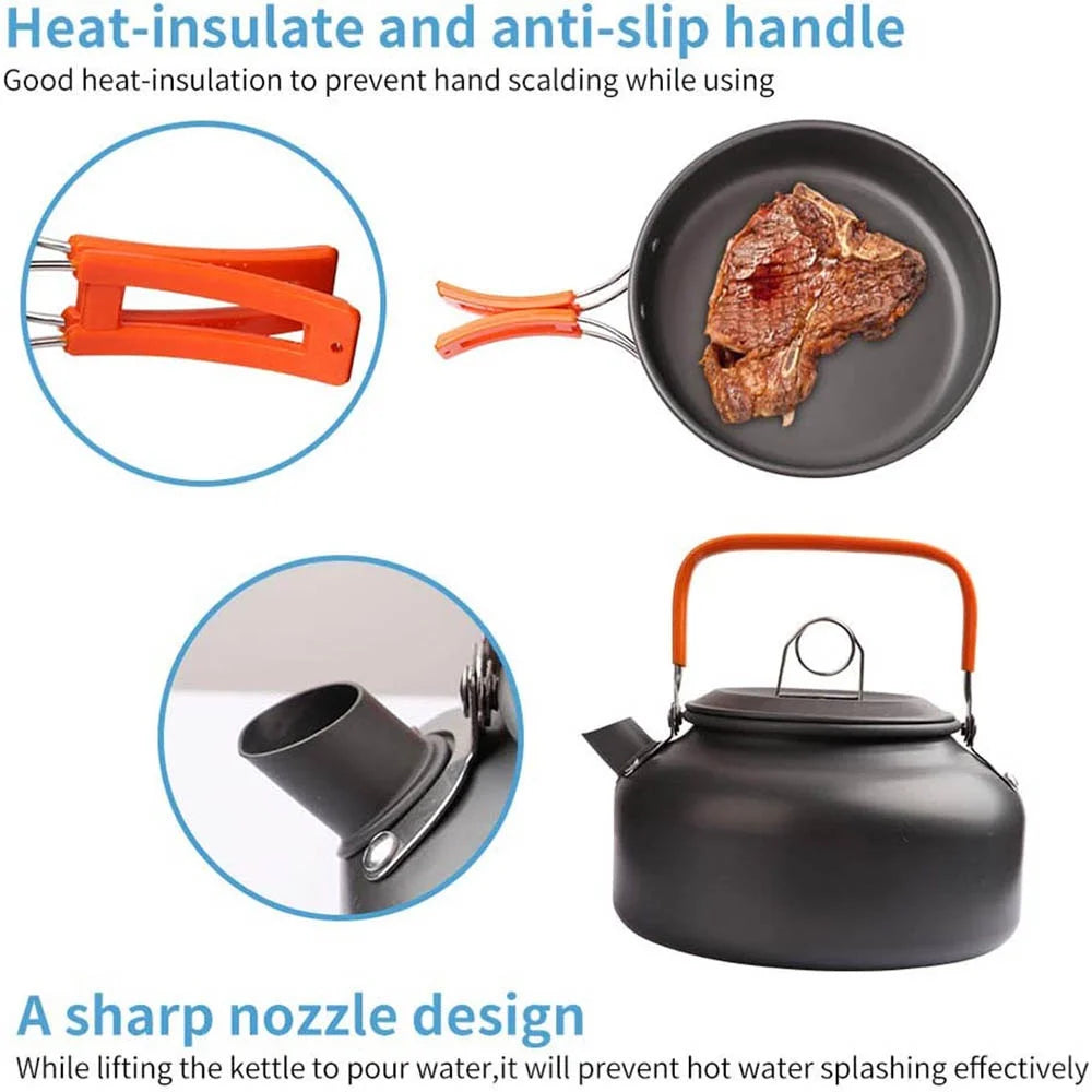 Camping cookware set featuring a heat-insulating and anti-slip handle and a sharp nozzle design.