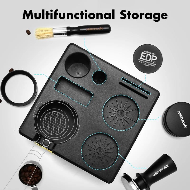 A black multifunctional storage tray for coffee accessories including a brush and various tools.