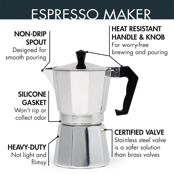 Silberner Espressomaschine mit hitzebeständigem Griff und Knauf, ausgestattet mit Silikondichtung und zertifiziertem Ventil.