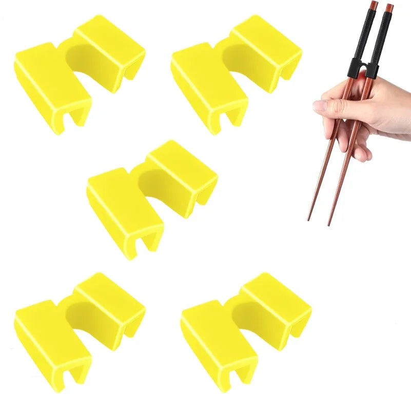 Yellow reusable chopstick helpers with grips shown in various angles