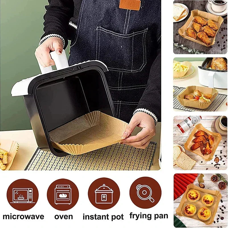 A person is using a disposable non-stick cooking liner in an air fryer or oven, shown alongside various cooking appliances.