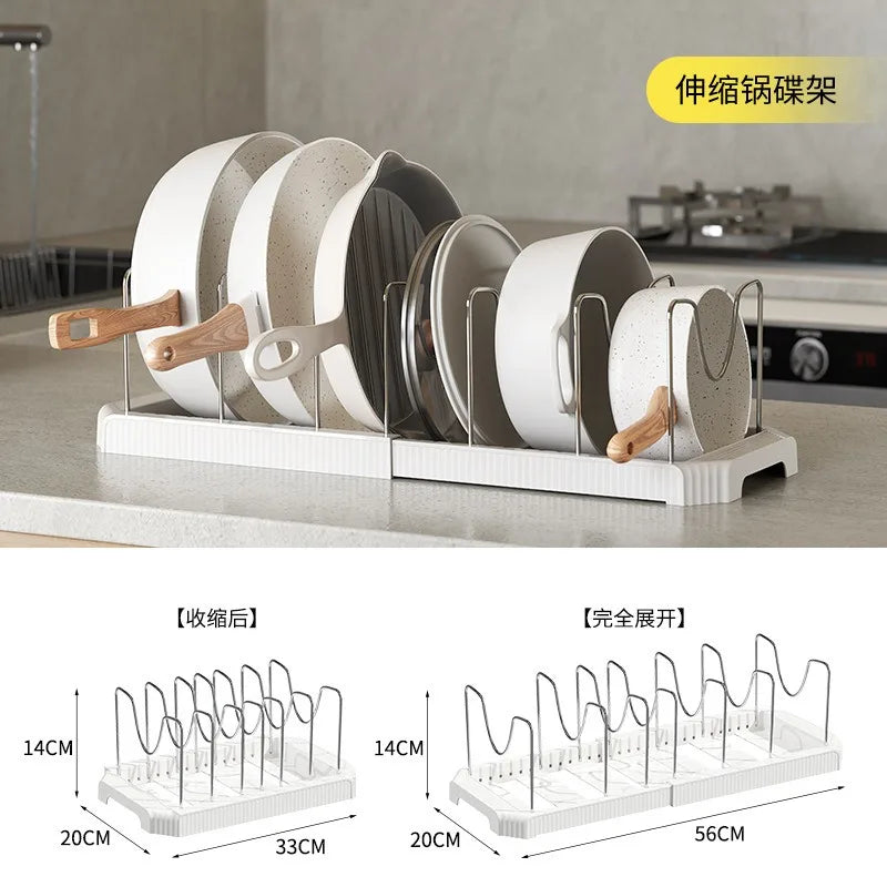 Expandable kitchen cabinet organizer with adjustable divider rack showing various sizes and configurations of the metal racks