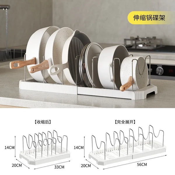 Expandable kitchen cabinet organizer with adjustable divider rack showing various sizes and configurations of the metal racks