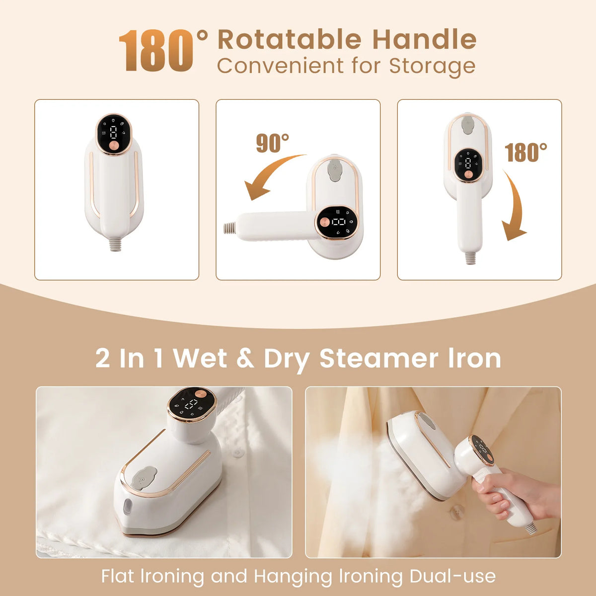 A white foldable handheld garment steamer iron demonstrating 180 degree rotatable handle and dual wet and dry ironing feature