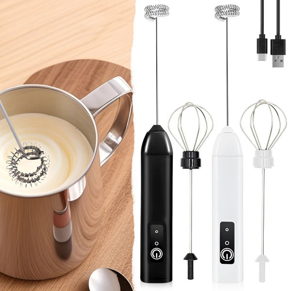 A set of portable electric milk frothers and blenders in black and white are shown next to a metal milk pitcher.