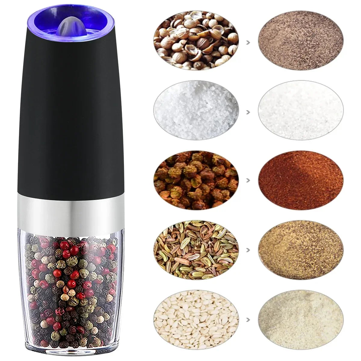 A black electric automatic spice and salt grinder with various ground spices and salts displayed around it.