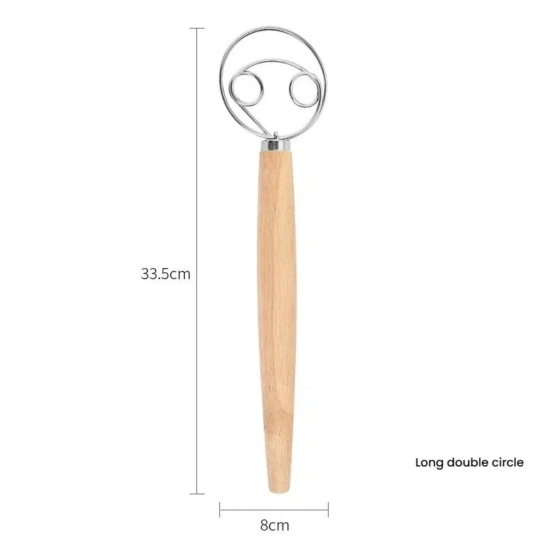 A long double circle dough whisk set with a stainless steel loop and a wooden handle.