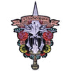 A silver enamel pin featuring a skull design with the text I AM NO MAN and surrounding floral elements.