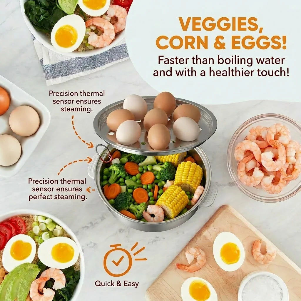 A stainless steel electric steamer is shown with eggs, corn, and shrimp being cooked.