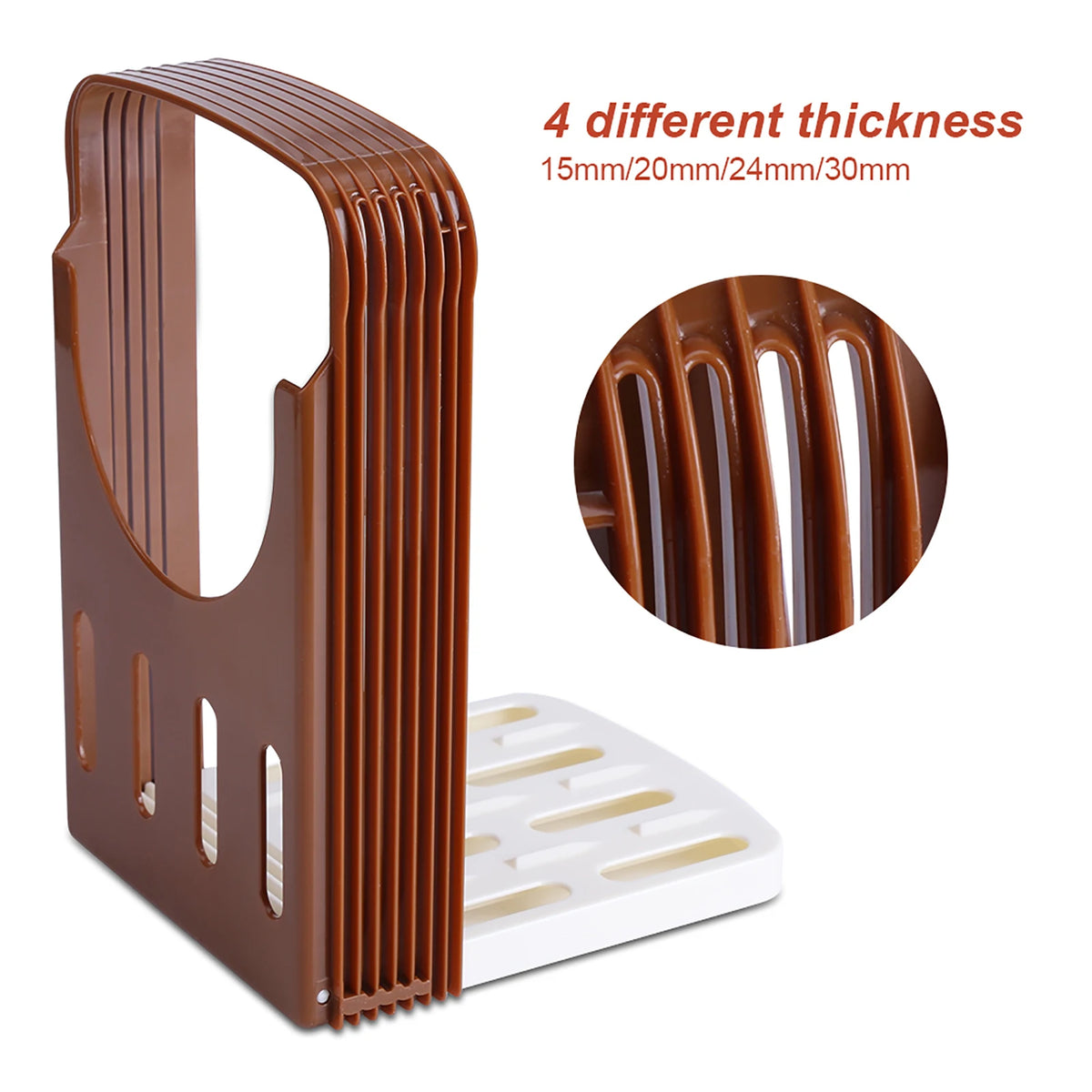Brown foldable ceramic bread and toast cutter with four different thickness options