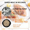 A chicken shredder tool is shown next to cooked meat and yellow fruit, demonstrating how to tear meat by hand versus using th
