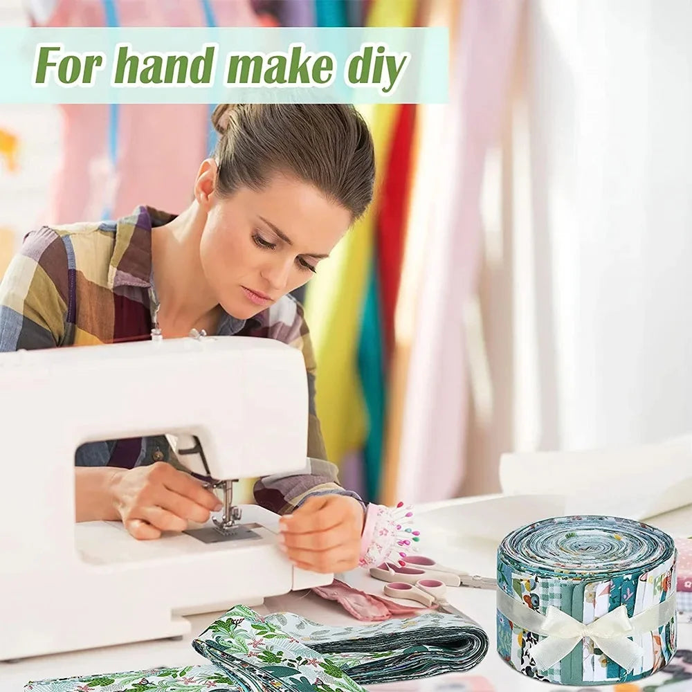 A woman is sewing patchwork cotton fabric strips on a white machine, with colorful fabrics and tools visible.