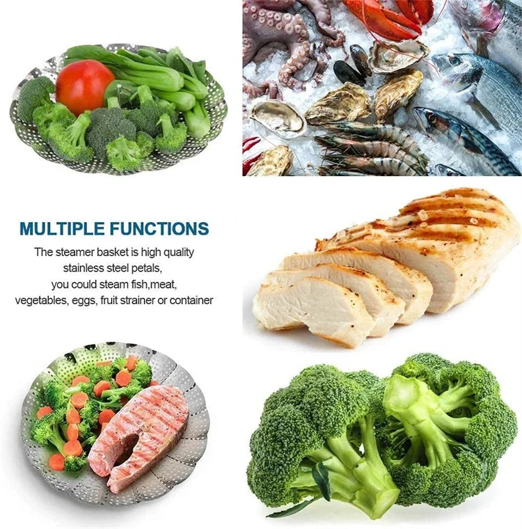 Stainless steel steamer basket filled with fresh vegetables and meat for cooking
