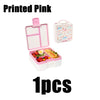 A pink printed bento box with a lid and a separate storage container is shown.
