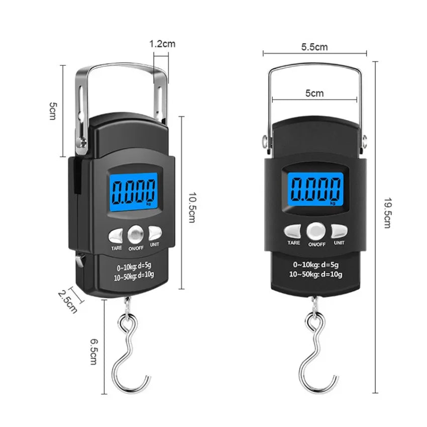 A black portable digital hanging scale with a measuring tape is shown against a white background.