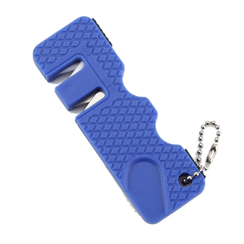 A blue portable mini knife sharpener keychain with a textured grip and a black blade.