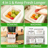 A 4 in 1 reusable food storage container system showing soaking, washing, draining, and storage of fresh produce.